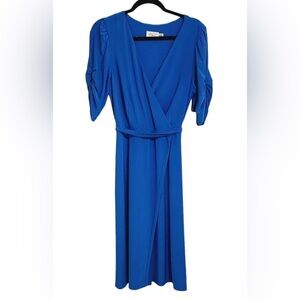 🆕 ELIZA J Faux Wrap Tie Waist Deep V-Neck & Ruched Sleeve Midi Dress | Sz. 12